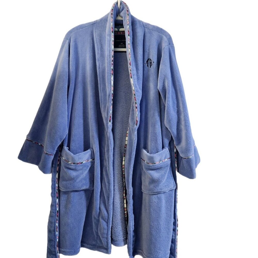Tommy Hilfiger Women's Embossed Logo Plush Fleece Robe Blue Size S/M
